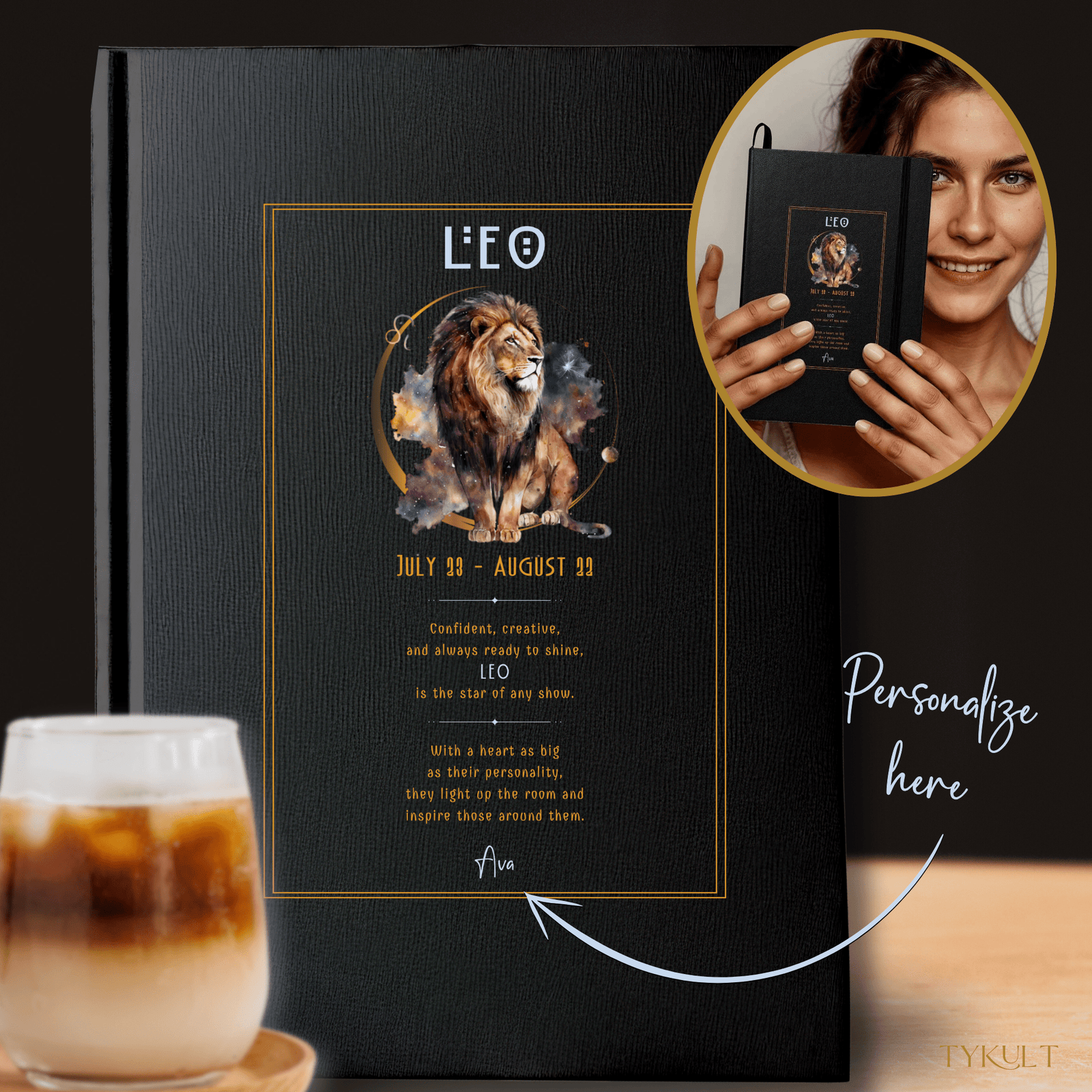 Leo-themed personalized journal with gold and watercolor goat design, showcasing the zodiac sign's traits and dates