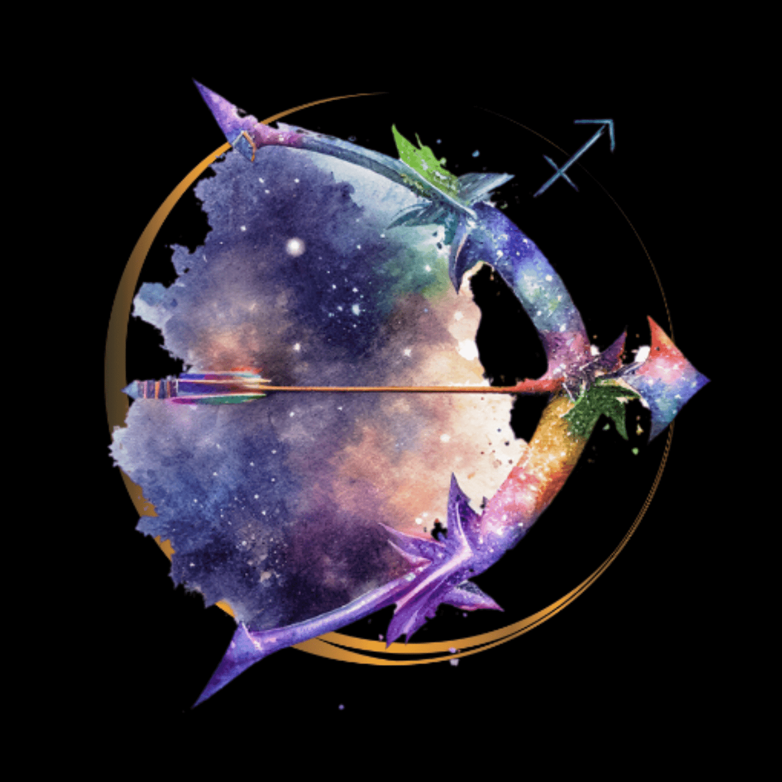 Mystical Sagittarius artwork showcasing a galaxy-inspired archer’s bow and arrow in bold, colorful hues.