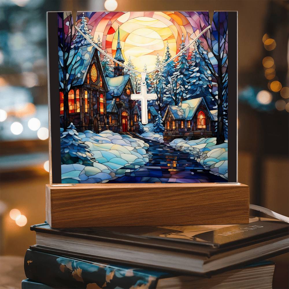 VILLAGE SCENE 2 | 2-for-1 Christmas Plaque with Cross Necklace