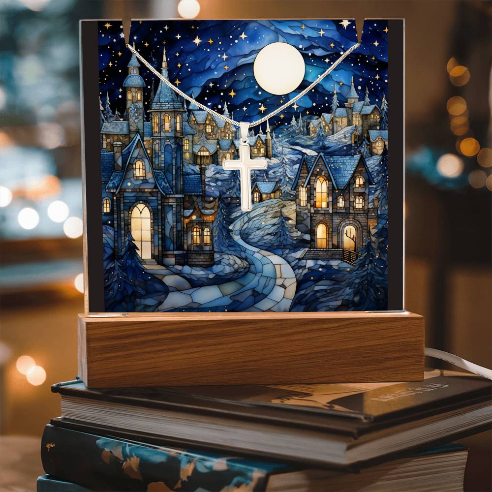 VILLAGE SCENE 4 | 2-for-1 Christmas Plaque with Cross Necklace