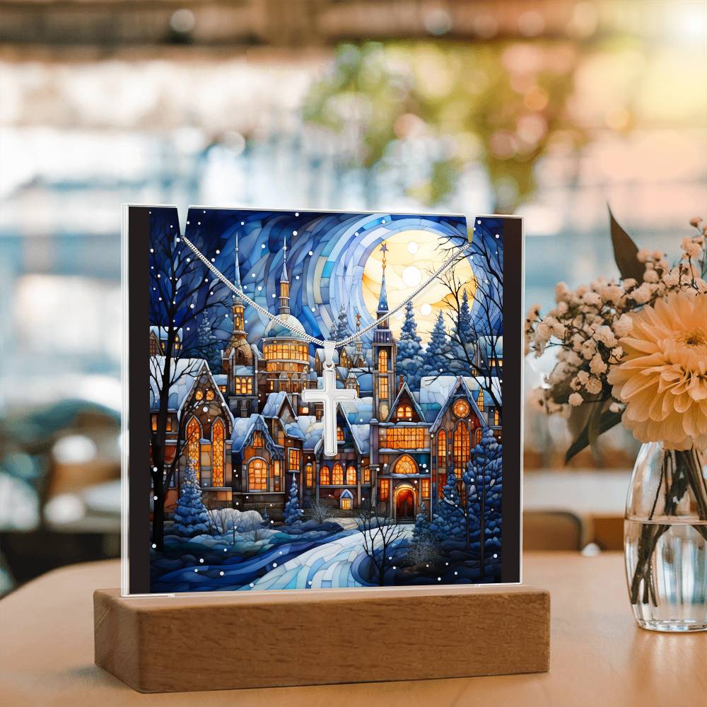 VILLAGE SCENE 3 | 2-for-1 Christmas Plaque with Cross Necklace