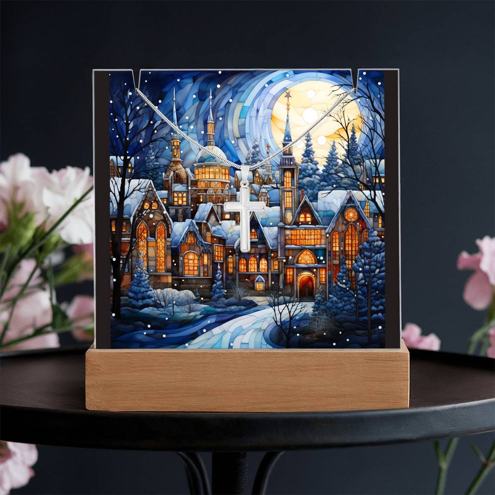 VILLAGE SCENE 3 | 2-for-1 Christmas Plaque with Cross Necklace