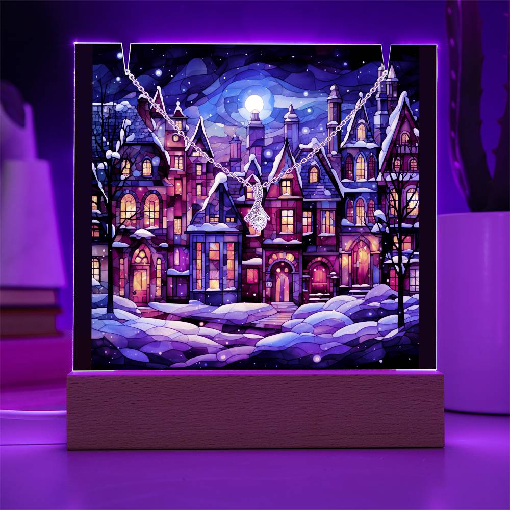VILLAGE SCENE 1 | 2-for-1 Nightlight Christmas Plaque with Alluring Beauty Necklace