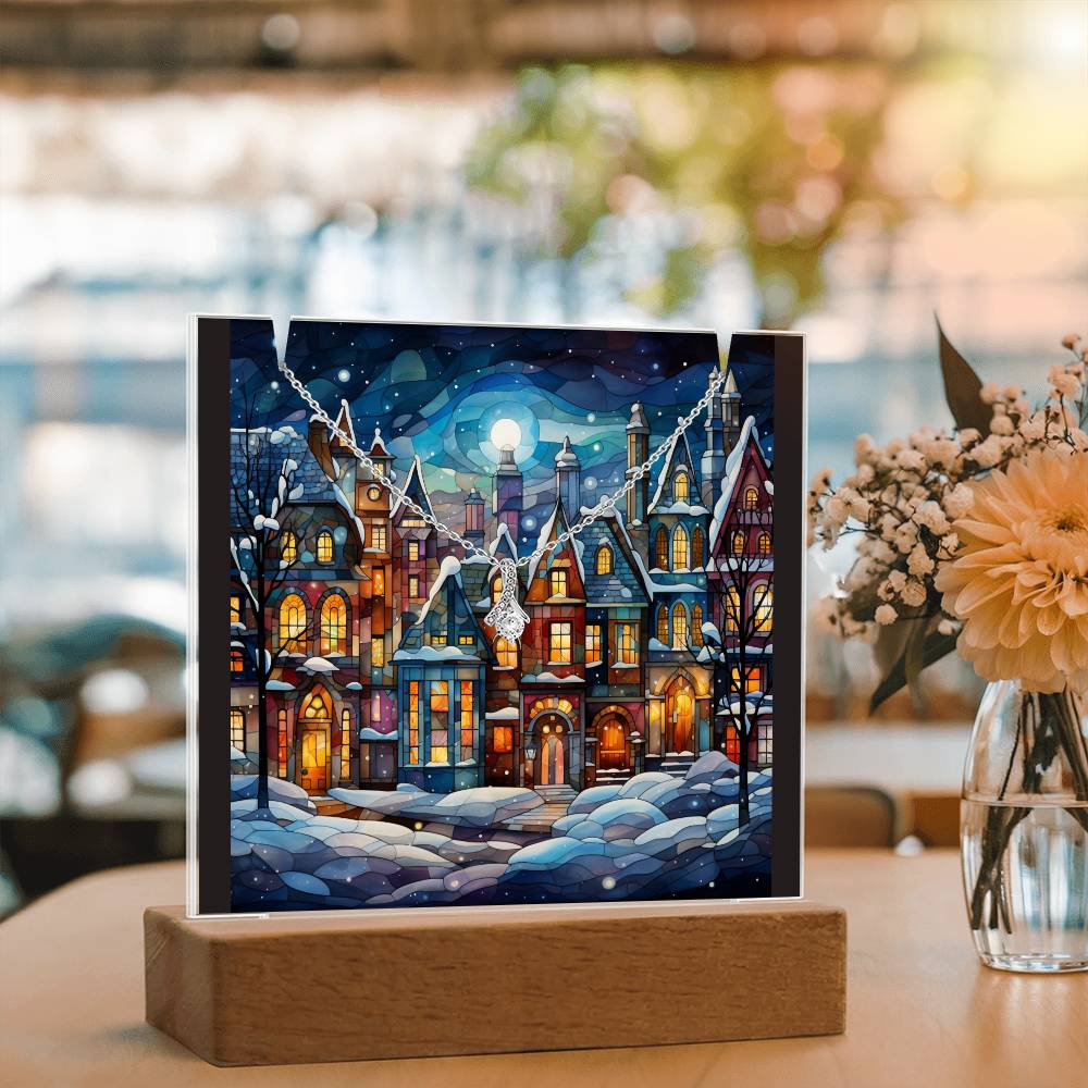 VILLAGE SCENE 1 | 2-for-1 Nightlight Christmas Plaque with Alluring Beauty Necklace