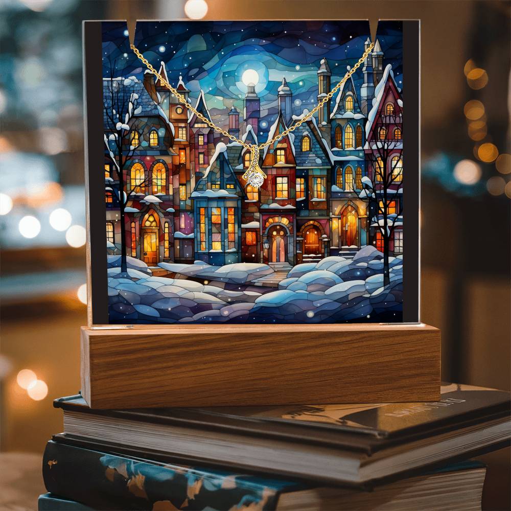 VILLAGE SCENE 1 | 2-for-1 Nightlight Christmas Plaque with Alluring Beauty Necklace