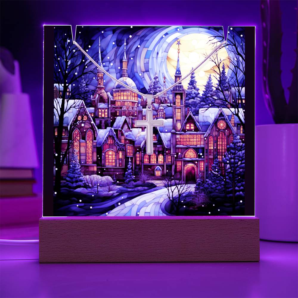 VILLAGE SCENE 3 | 2-for-1 Christmas Plaque with Cross Necklace