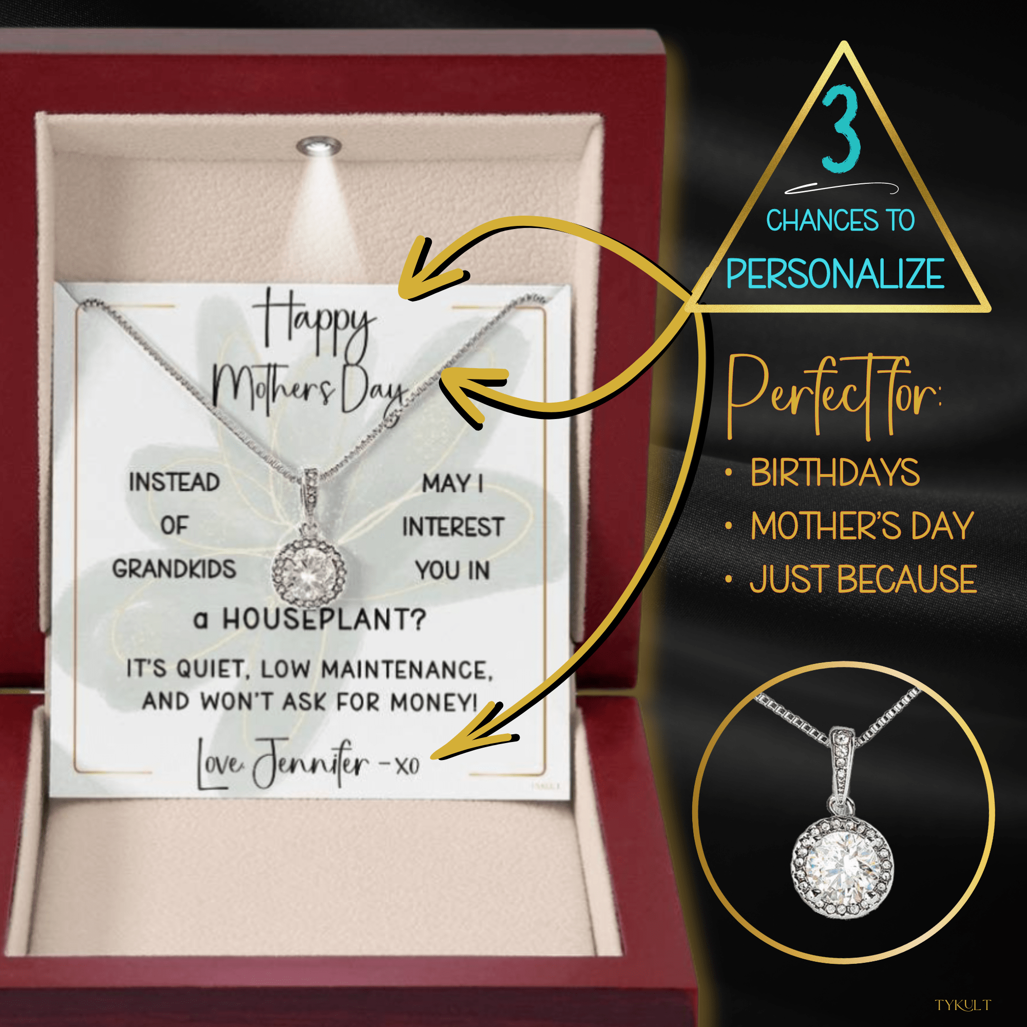 INSTEAD OF GRANDKIDS - HOUSEPLANT | Timeless Necklace with PERSONALIZABLE MESSAGE | Mother's Day - Birthday Gift