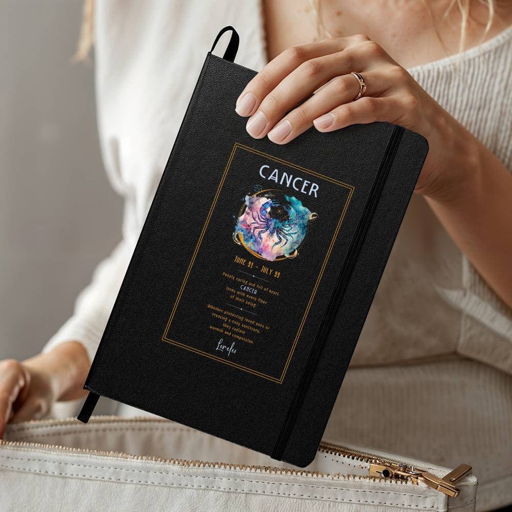 Elegant Cancer zodiac gift journal with customizable name and vibrant illustration of a crab in celestial hues