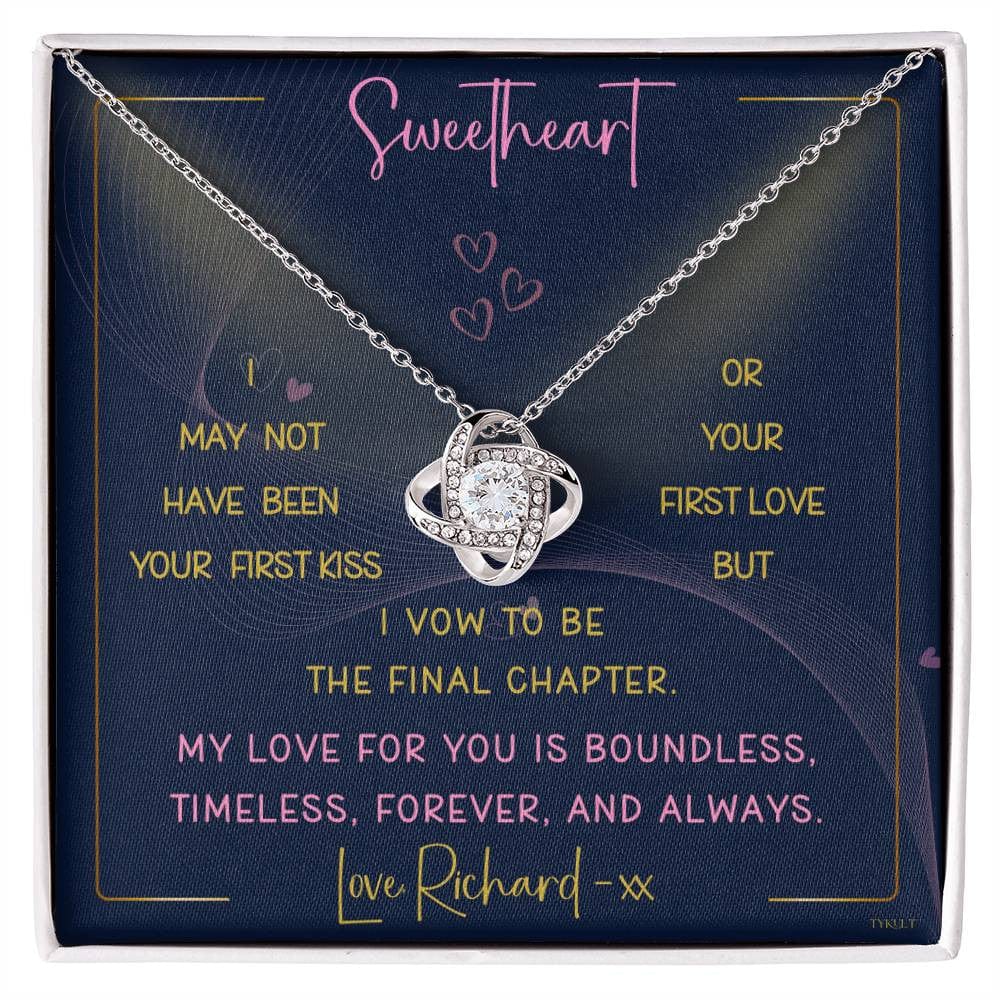 MY LOVE FOR YOU | Love Knot Necklace with PERSONALIZABLE Message | Yellow and White Gold Variants