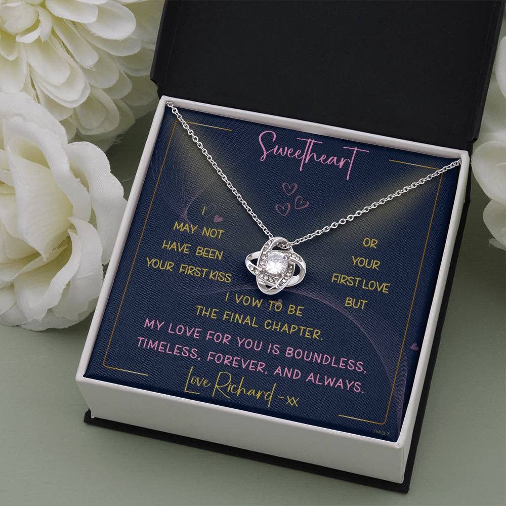 MY LOVE FOR YOU | Love Knot Necklace with PERSONALIZABLE Message | Yellow and White Gold Variants