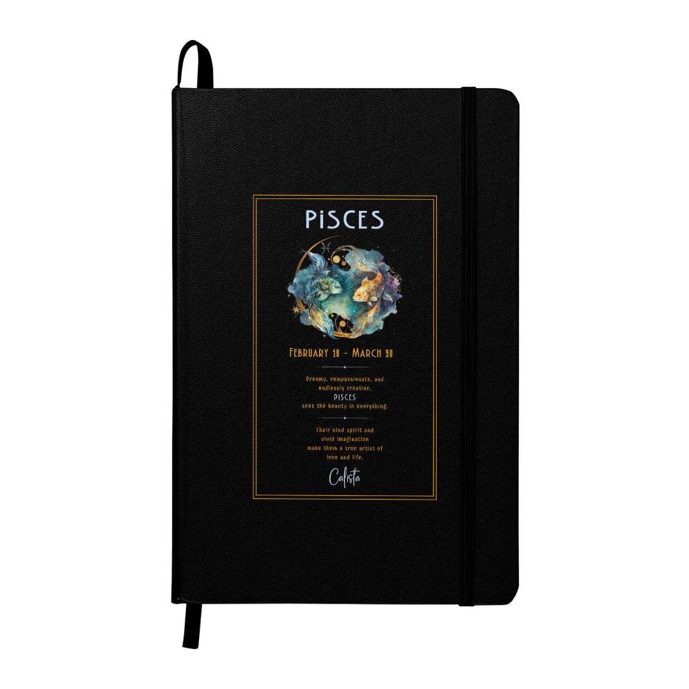 Elegant Pisces zodiac gift journal with customizable name and beautiful illustration of fish, highlighting their artistic spirit