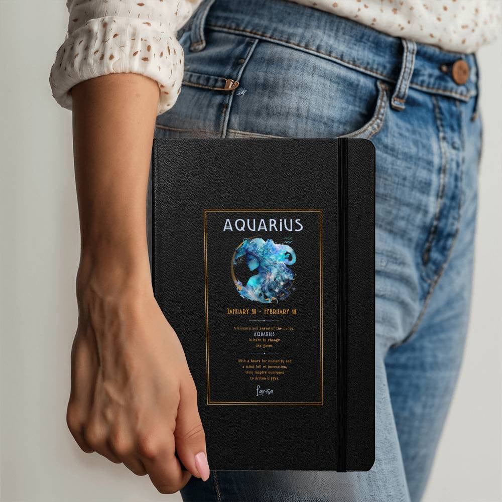 Elegant zodiac journal for Aquarius, showcasing personalization area, inspirational message, and striking celestial design