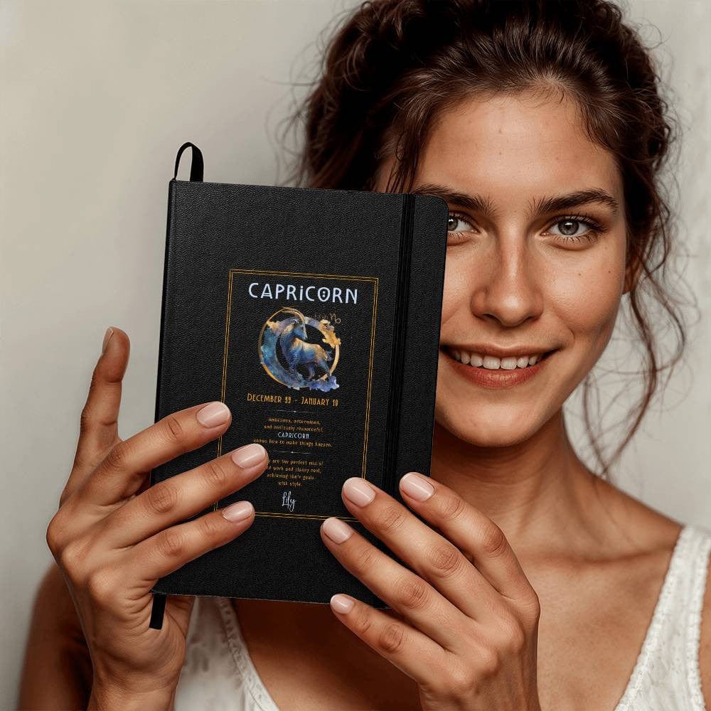 Sophisticated astrology-themed Capricorn notebook with black cover and personalized touch.