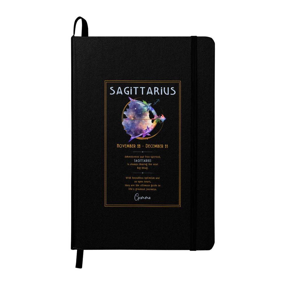 Sagittarius zodiac journal featuring a cosmic archer design with a personalized name option and an adventurous personality description