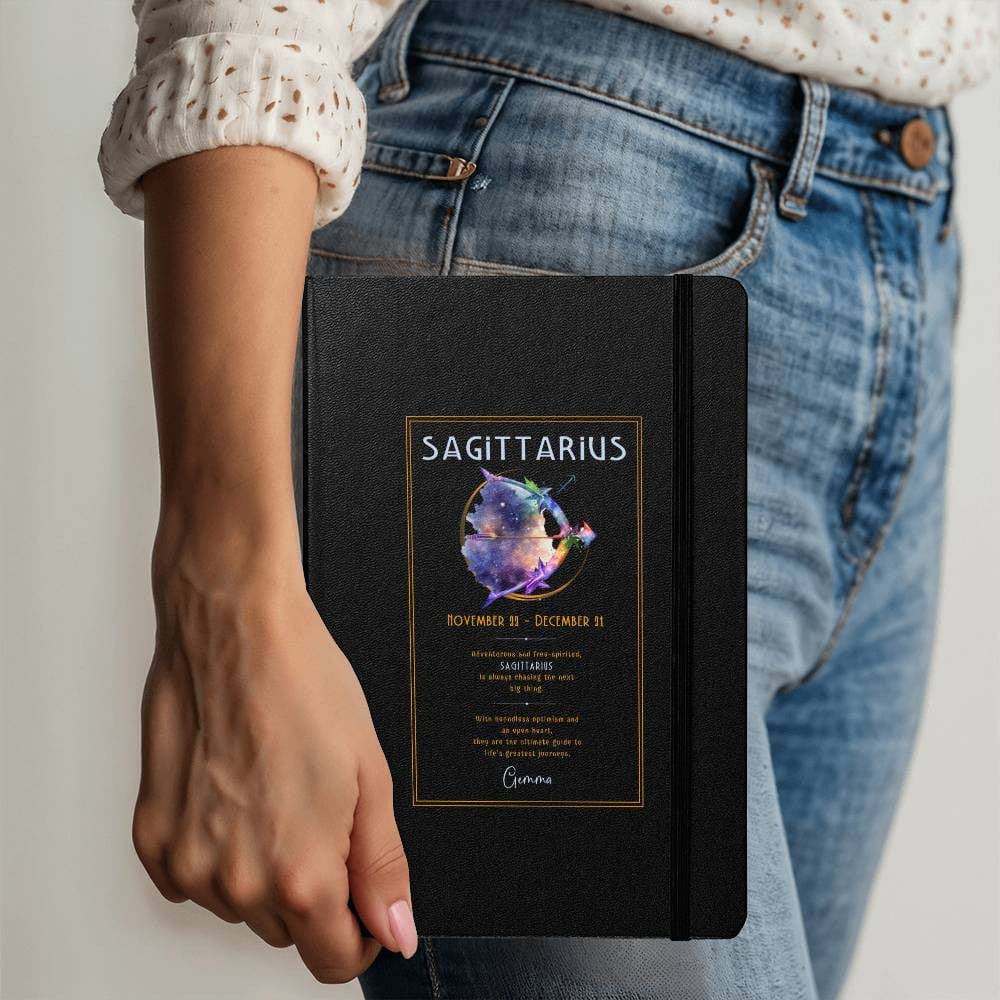 Sophisticated Sagittarius zodiac planner featuring a stunning starry sky design and a personality description capturing their wanderlust spirit.