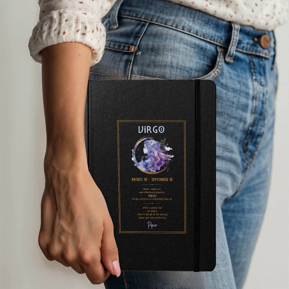 Personalized Virgo zodiac journal with a sophisticated black cover, gold typography, and a cosmic Virgo illustration