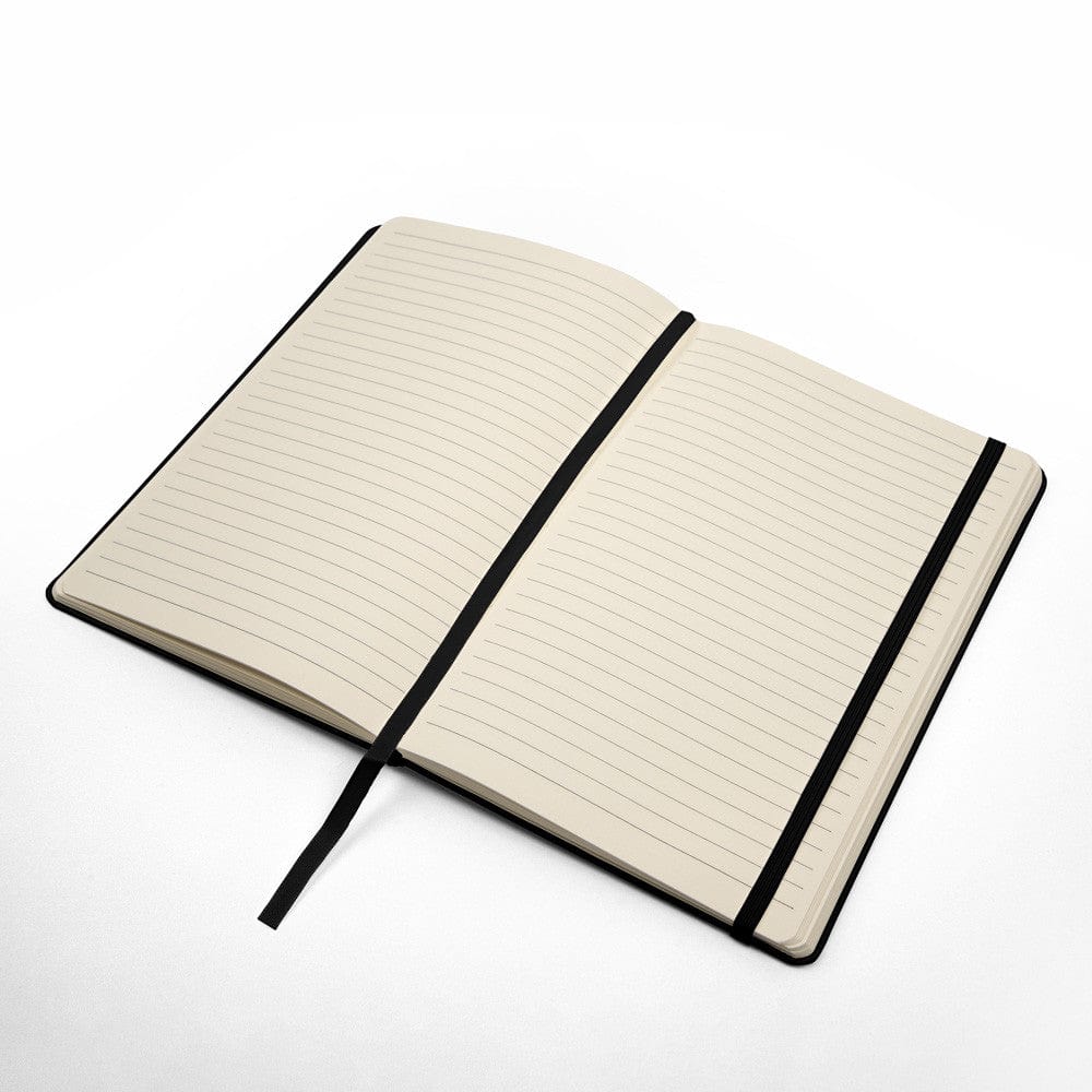 Sophisticated hardcover journal with a durable elastic band, expandable pocket, and smooth cream-lined pages.