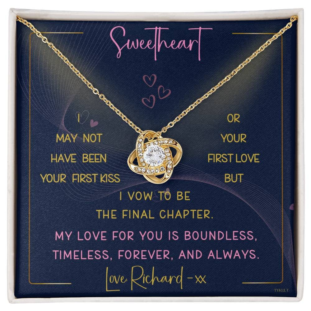 MY LOVE FOR YOU | Love Knot Necklace with PERSONALIZABLE Message | Yellow and White Gold Variants