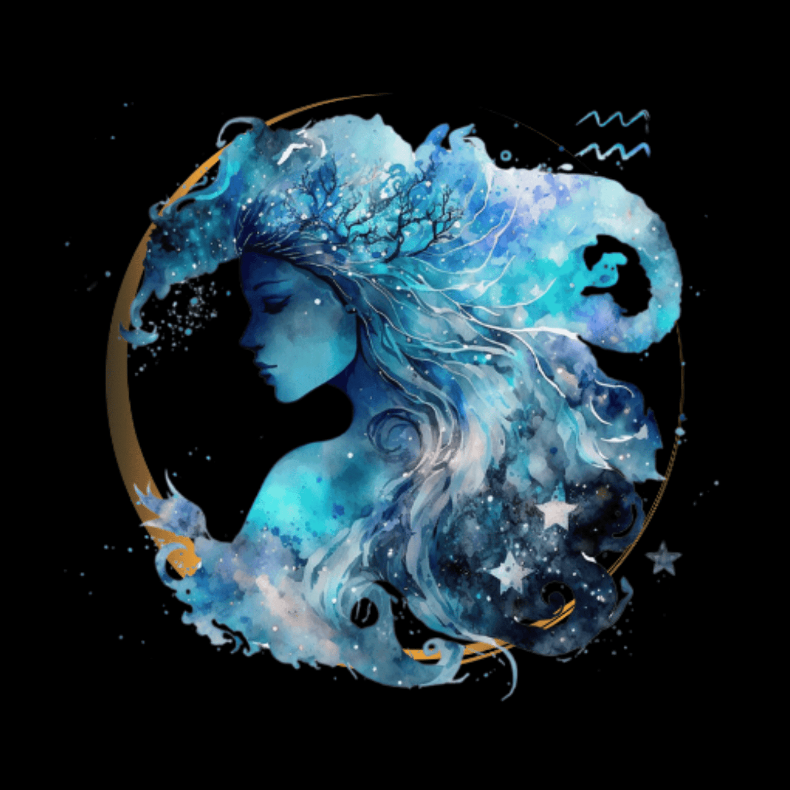 Aquarius-themed black journal with celestial artwork, featuring a personalized name option and inspirational zodiac description, displayed alongside a coffee drink