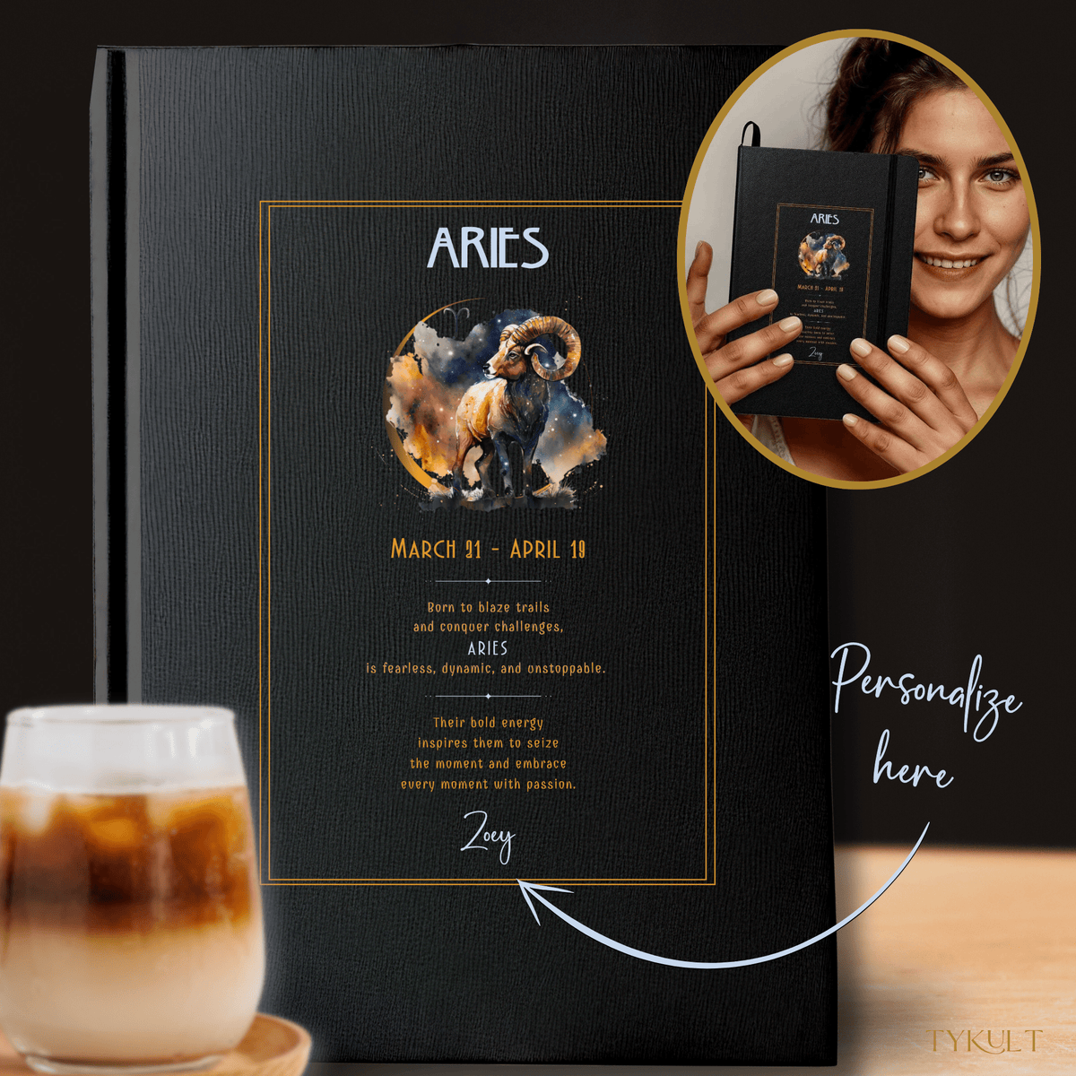 Aries zodiac journal featuring a cosmic Ram design with a personalized name option and an adventurous personality description