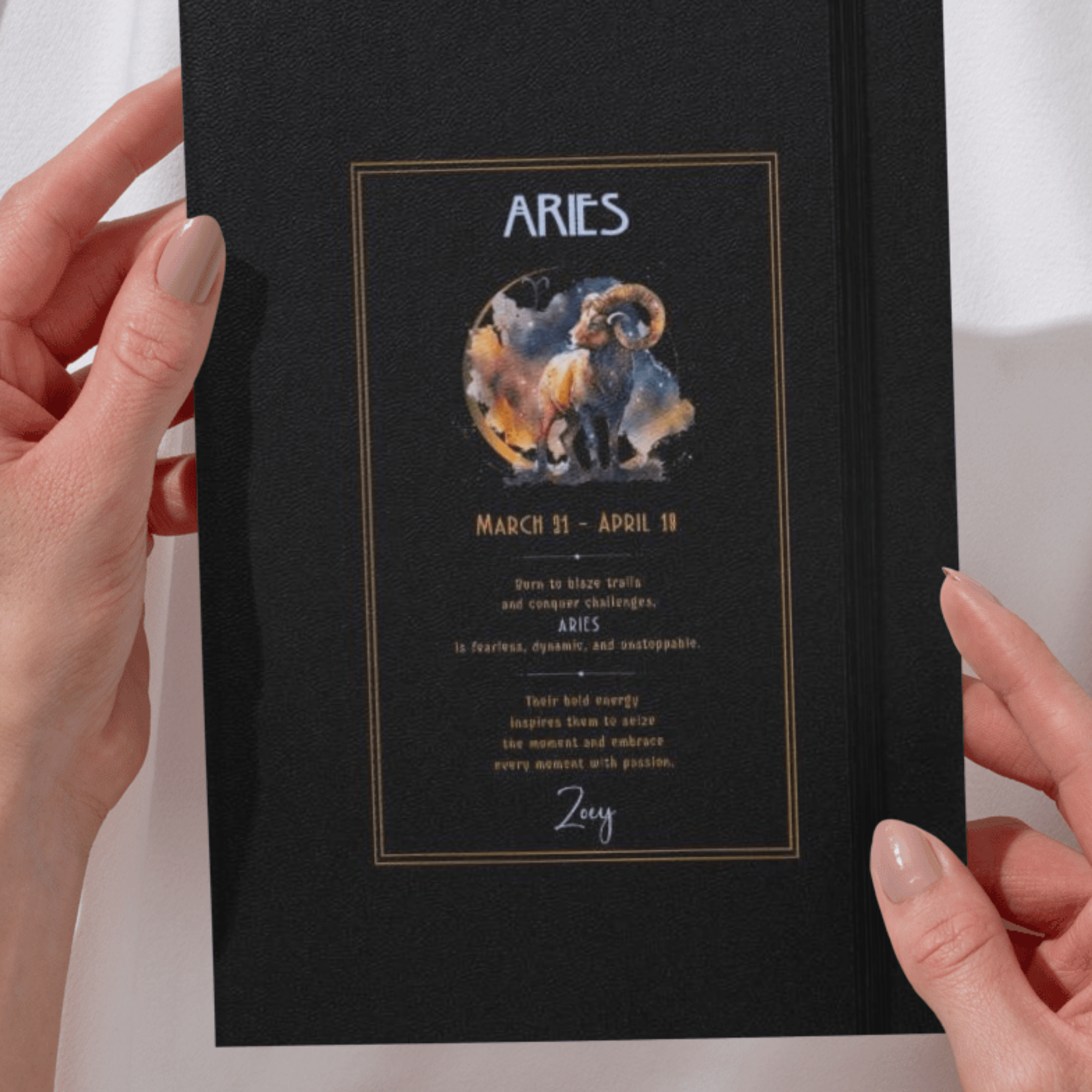 Aries-themed personalized journal with gold and watercolor goat design, showcasing the zodiac sign's traits and dates