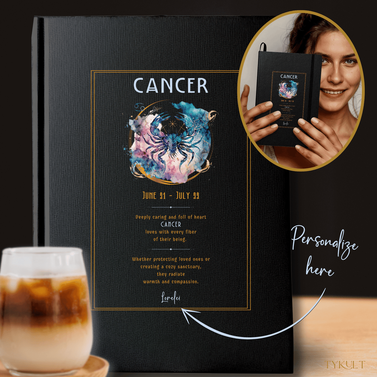 Cancer zodiac journal with personalized name option, featuring an artistic crab design and inspiring traits for June 21 - July 22