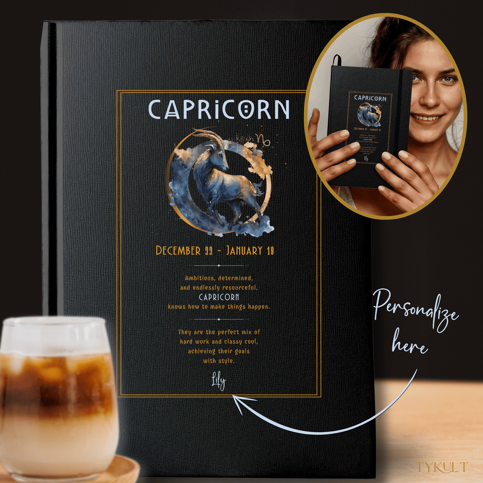 Capricorn-themed personalized journal with gold and watercolor goat design, showcasing the zodiac sign's traits and dates