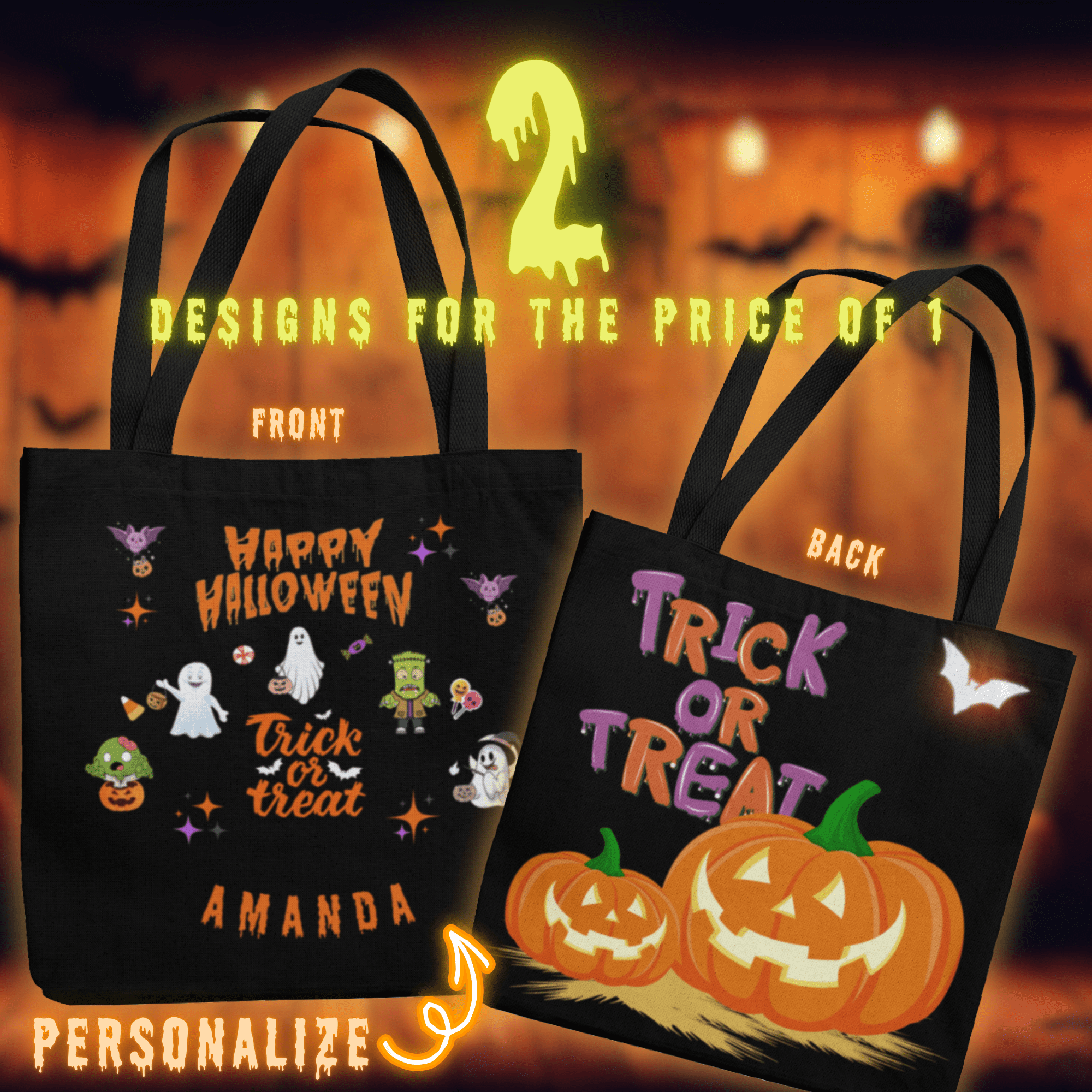 HALLOWEEN TOTE BAG | ADD-A-NAME | TRICK or TREAT | 3 SIZES