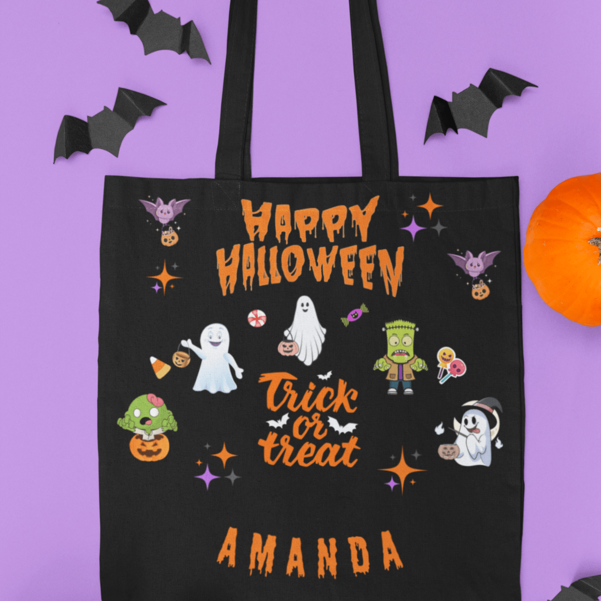 HALLOWEEN TOTE BAG | ADD-A-NAME | TRICK or TREAT | 3 SIZES