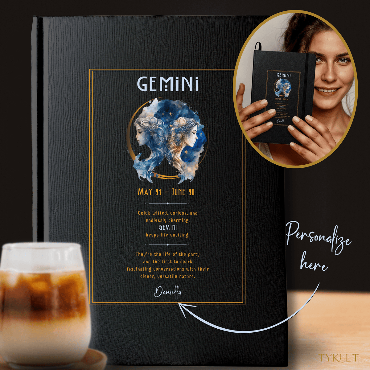 Gemini-themed personalized journal with gold and watercolor goat design, showcasing the zodiac sign&#39;s traits and dates.