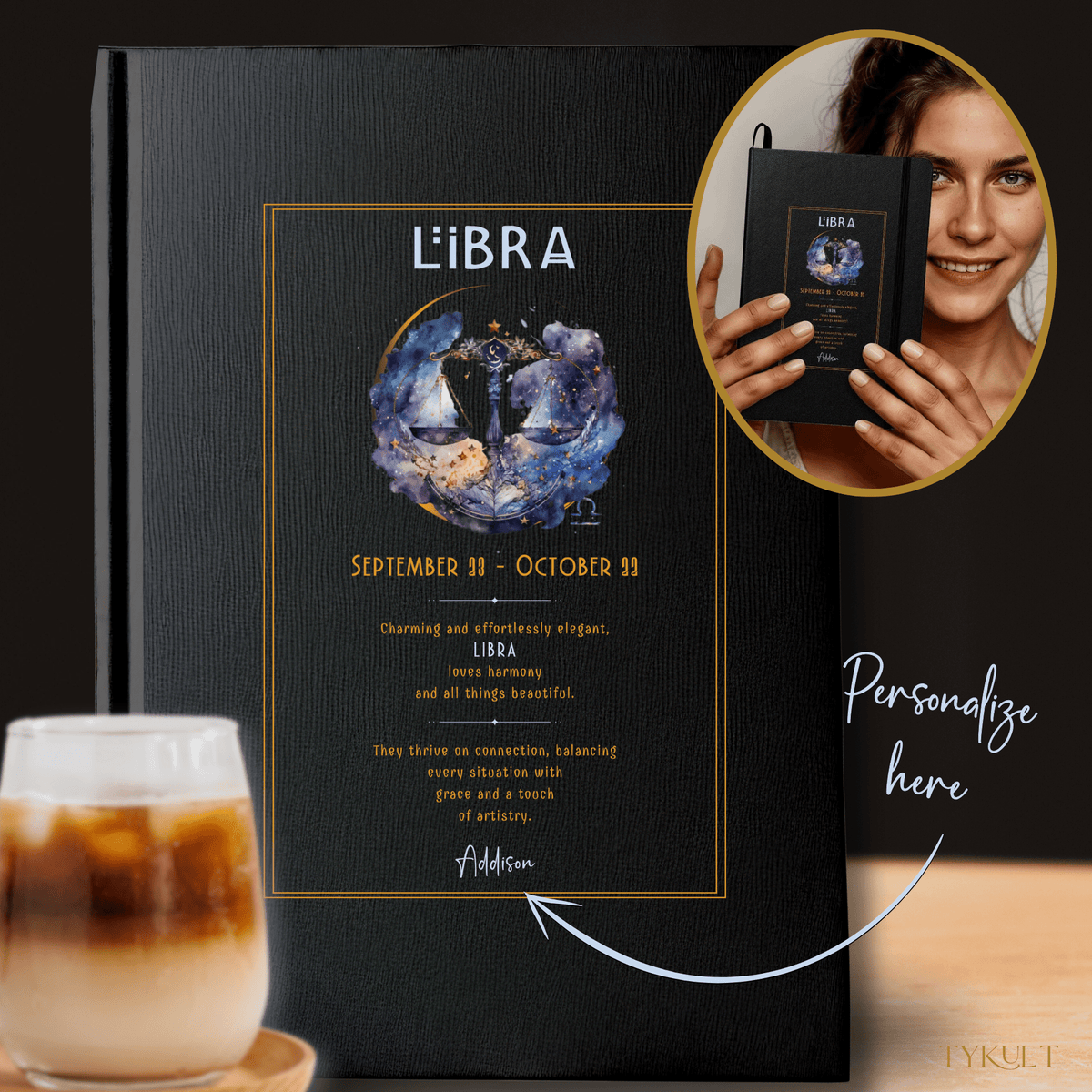 Personalized Libra zodiac journal with a sophisticated black cover, gold typography, and a cosmic Libra Scale illustration