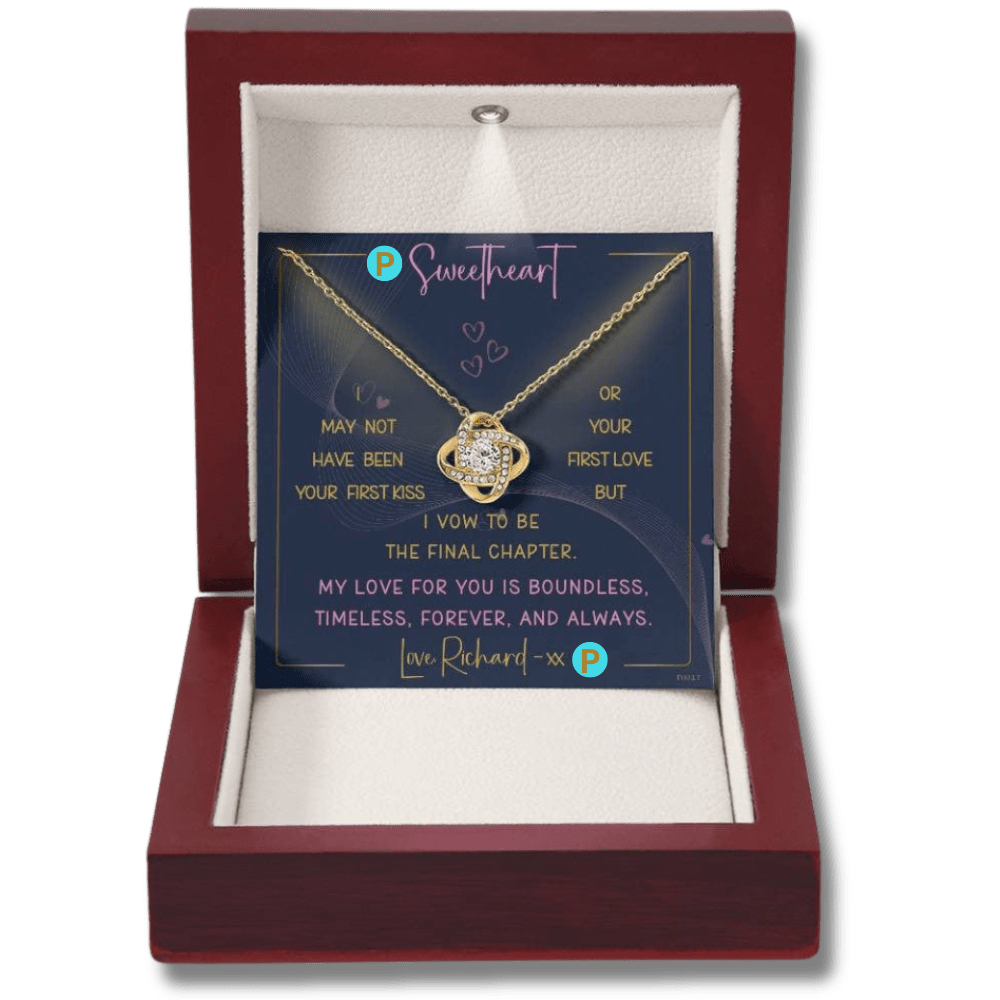 MY LOVE FOR YOU | Love Knot Necklace with PERSONALIZABLE Message | Yellow and White Gold Variants