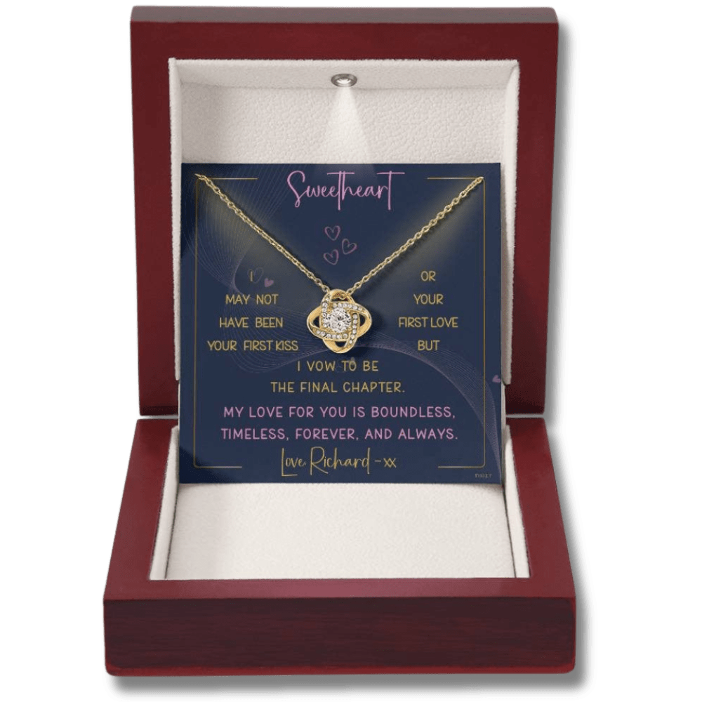 MY LOVE FOR YOU | Love Knot Necklace with PERSONALIZABLE Message | Yellow and White Gold Variants