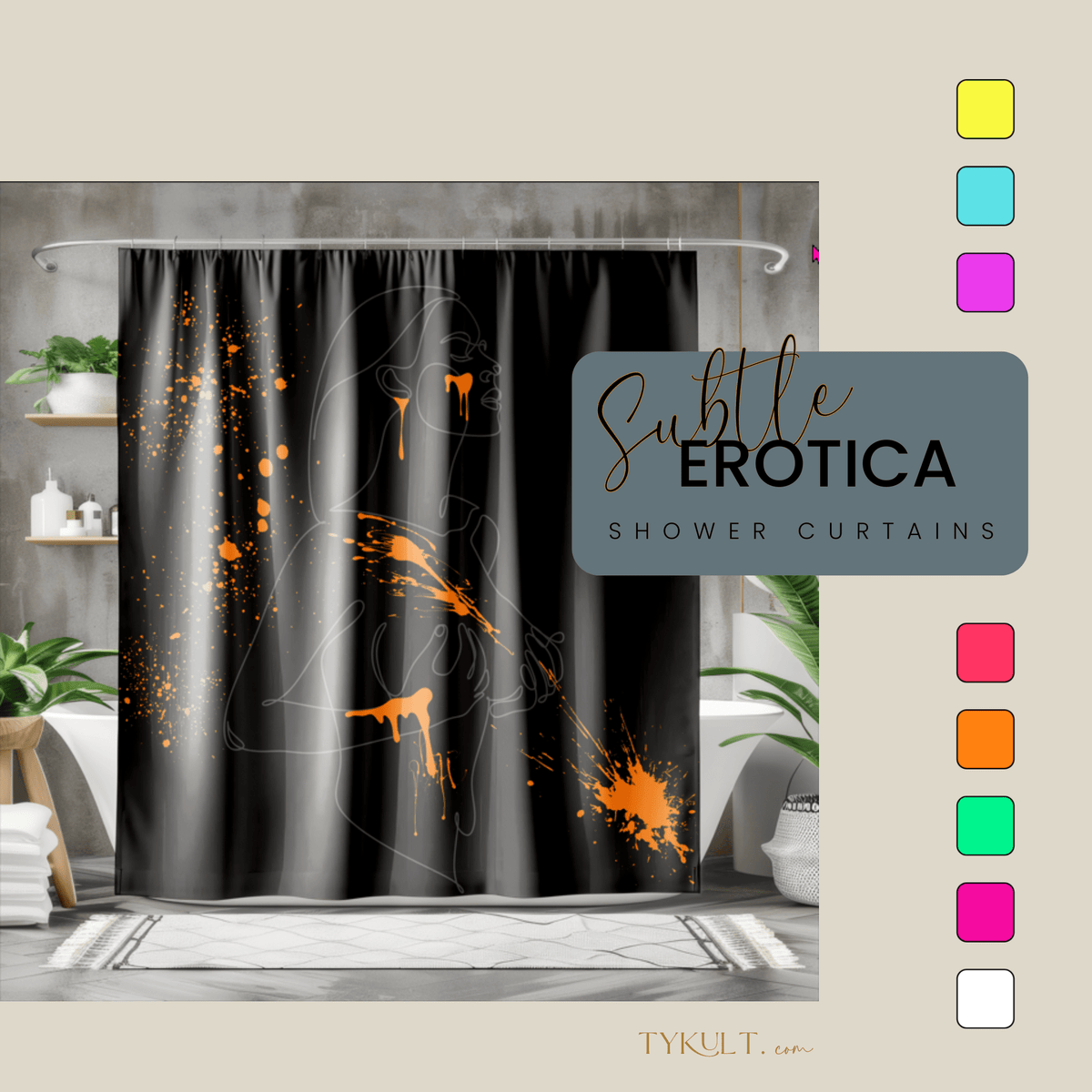 SUBTLE EROTICA - FLUIDITY | 18+ | SHOWER CURTAIN with Orange Accents