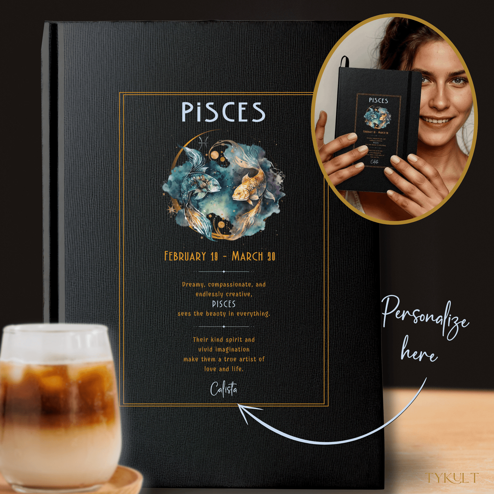 Pisces zodiac journal with personalized name option, featuring dreamy artwork of two fish and inspiring traits for February 19 - March 20