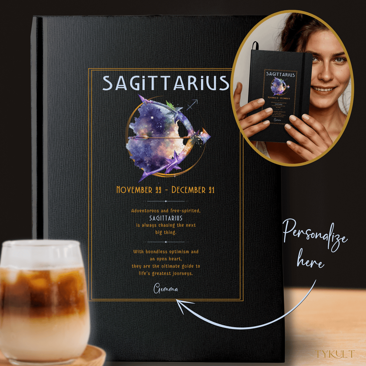 Sagittarius zodiac journal featuring a cosmic archer design with a personalized name option and an adventurous personality description