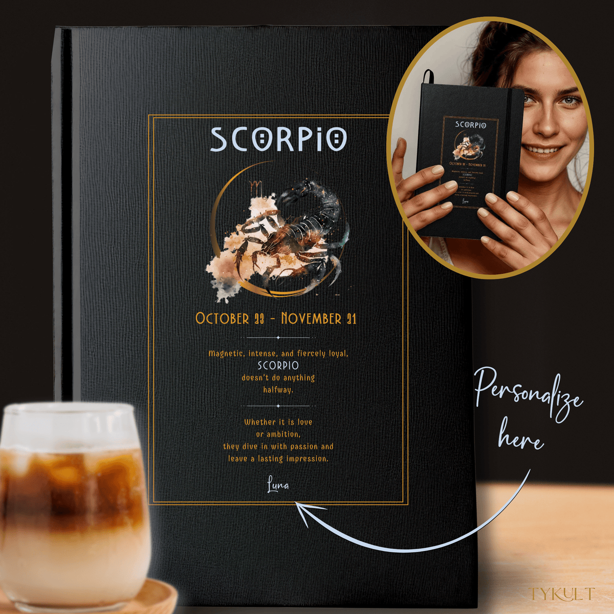 Scorpio zodiac journal with a sleek black UltraHyde hardcover, gold-accented design, and personalized name option