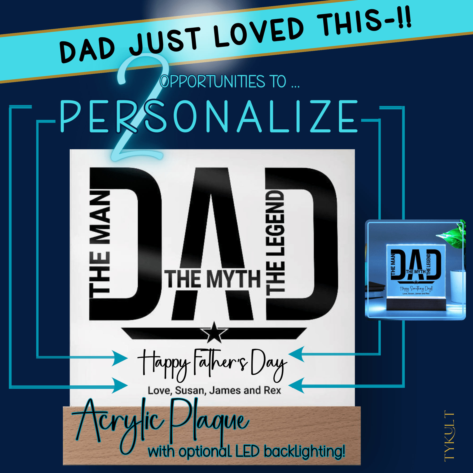 DAD - THE MAN, THE MYTH, THE LEGEND | Square  Acrylic Plaque | PERSONALIZABLE for Birthdays, Father's Day or Other