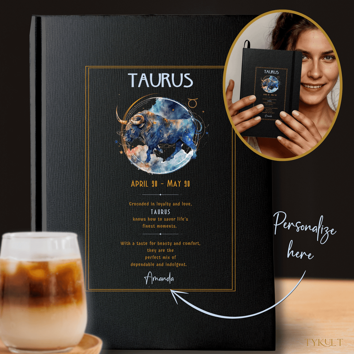 Taurus zodiac journal with a sleek black UltraHyde hardcover, gold-accented design, and personalized name option