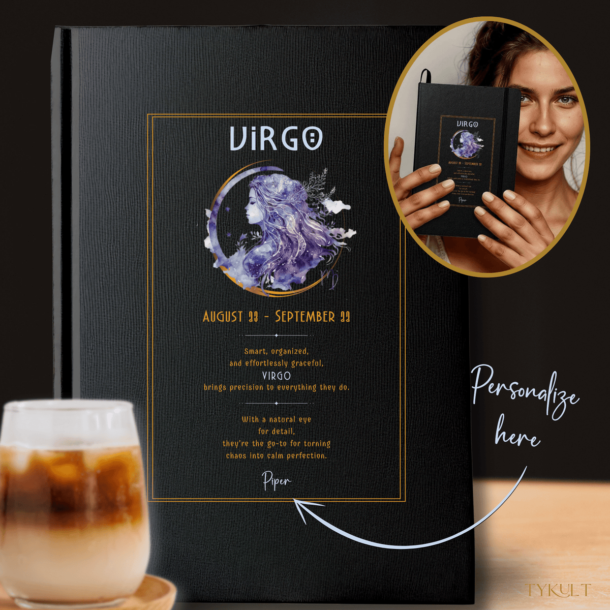 Personalized Virgo zodiac journal with a sophisticated black cover, gold typography, and a cosmic Virgo illustration