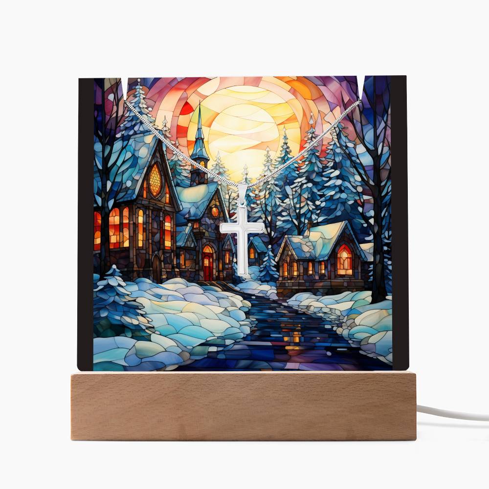 VILLAGE SCENE 2 | 2-for-1 Christmas Plaque with Cross Necklace