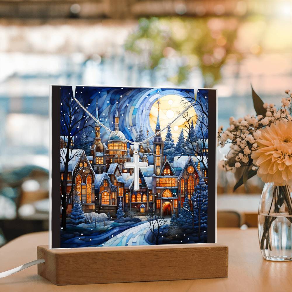 VILLAGE SCENE 3 | 2-for-1 Christmas Plaque with Cross Necklace