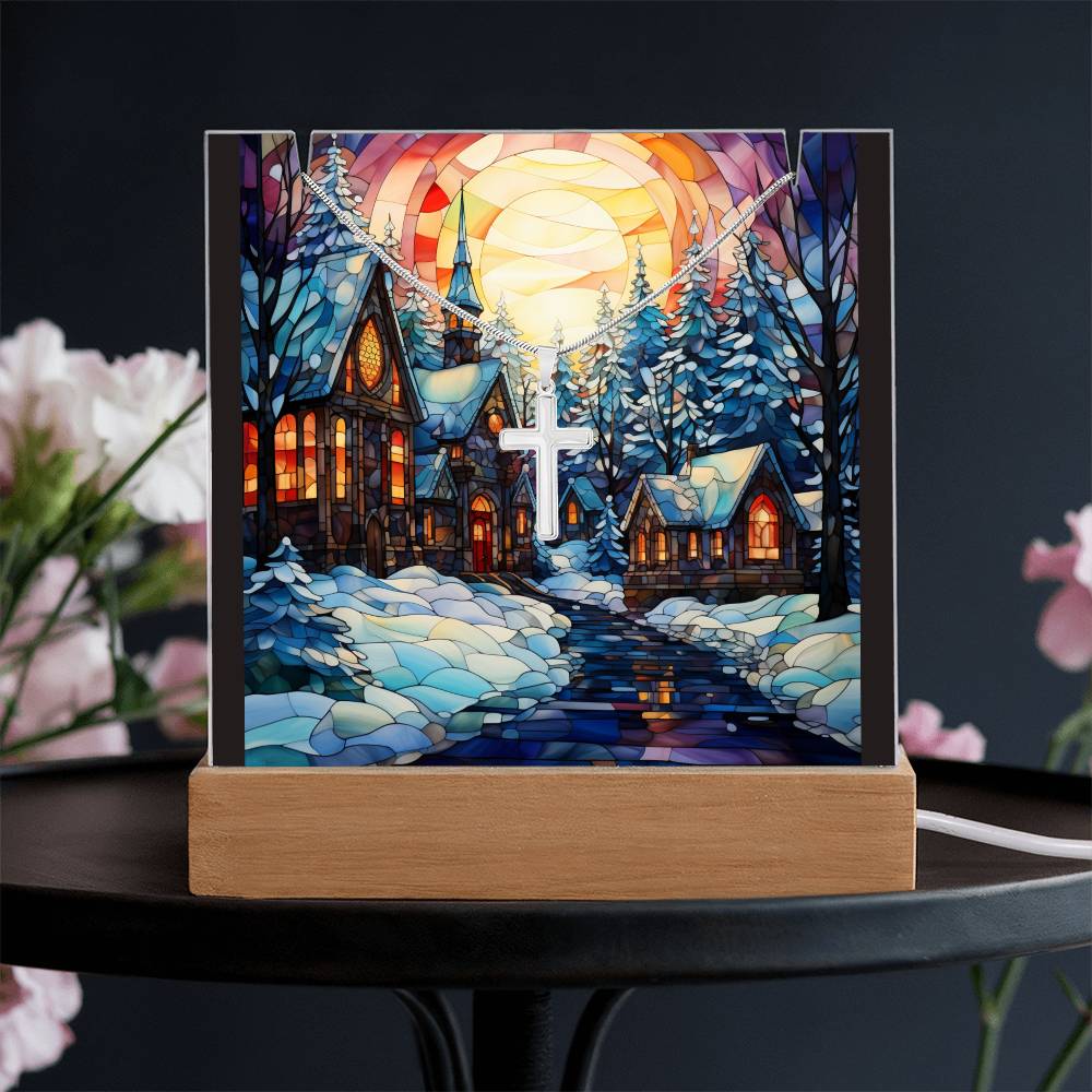 VILLAGE SCENE 2 | 2-for-1 Christmas Plaque with Cross Necklace