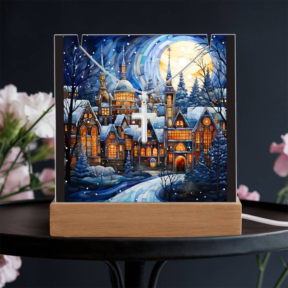 VILLAGE SCENE 3 | 2-for-1 Christmas Plaque with Cross Necklace