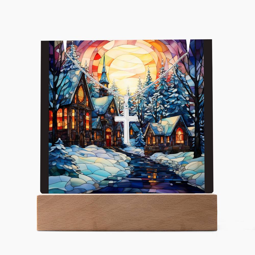 VILLAGE SCENE 2 | 2-for-1 Christmas Plaque with Cross Necklace