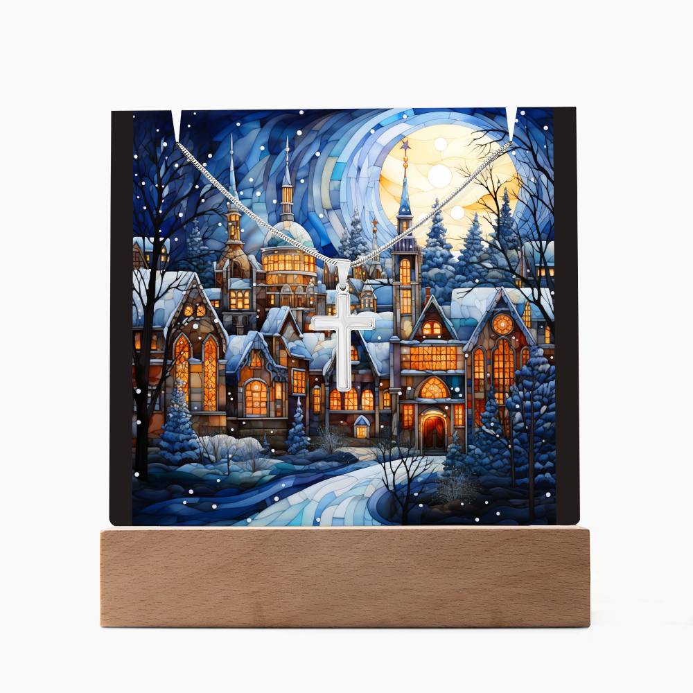 VILLAGE SCENE 3 | 2-for-1 Christmas Plaque with Cross Necklace