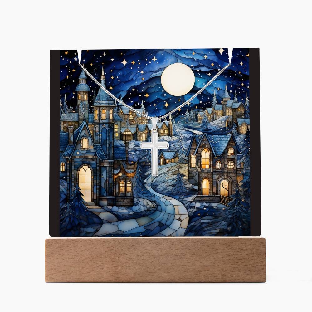 VILLAGE SCENE 4 | 2-for-1 Christmas Plaque with Cross Necklace