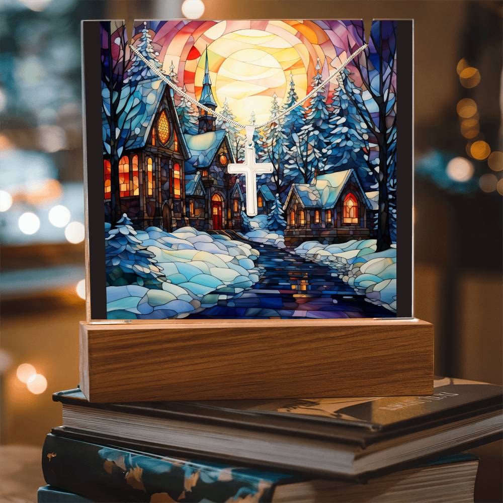 VILLAGE SCENE 2 | 2-for-1 Christmas Plaque with Cross Necklace