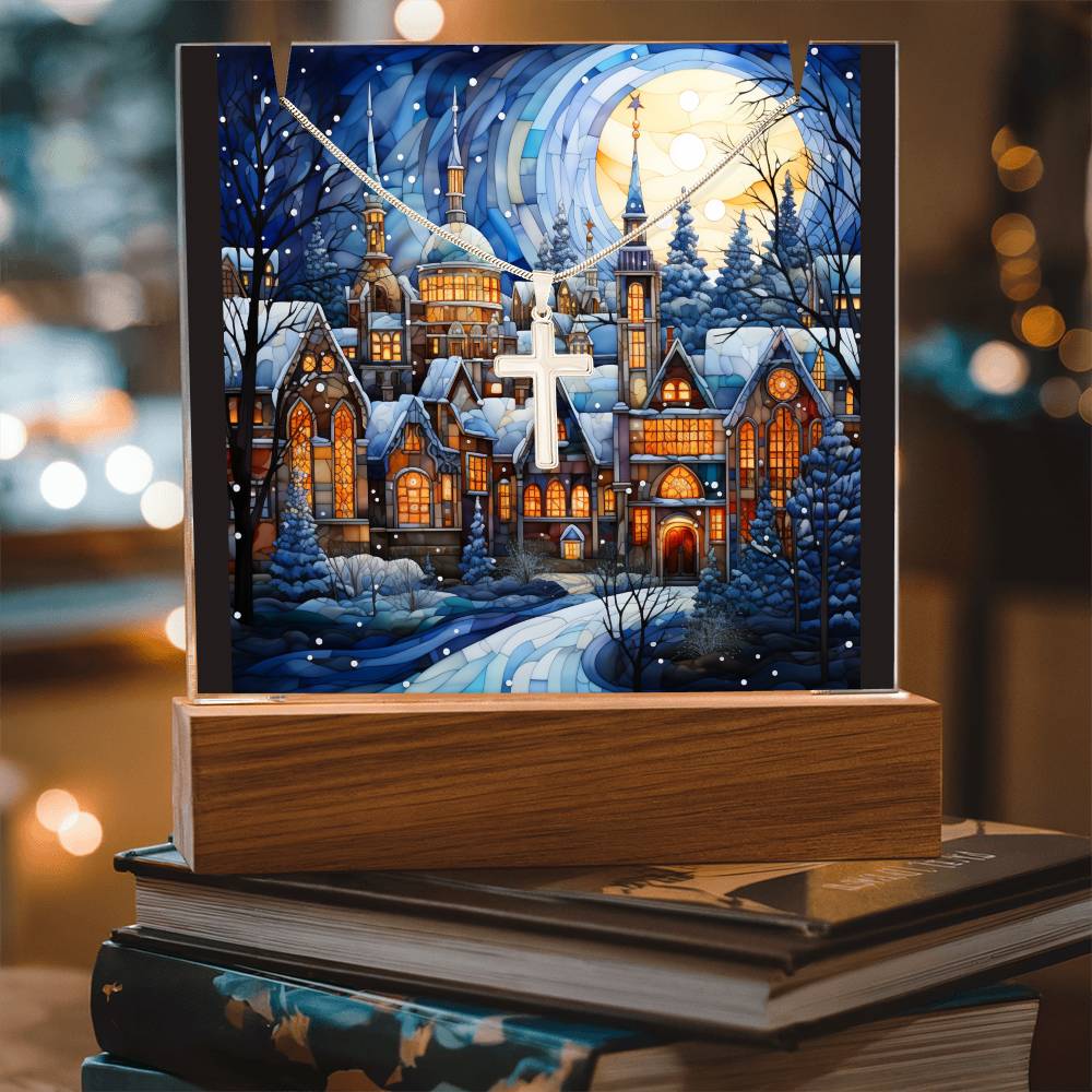 VILLAGE SCENE 3 | 2-for-1 Christmas Plaque with Cross Necklace