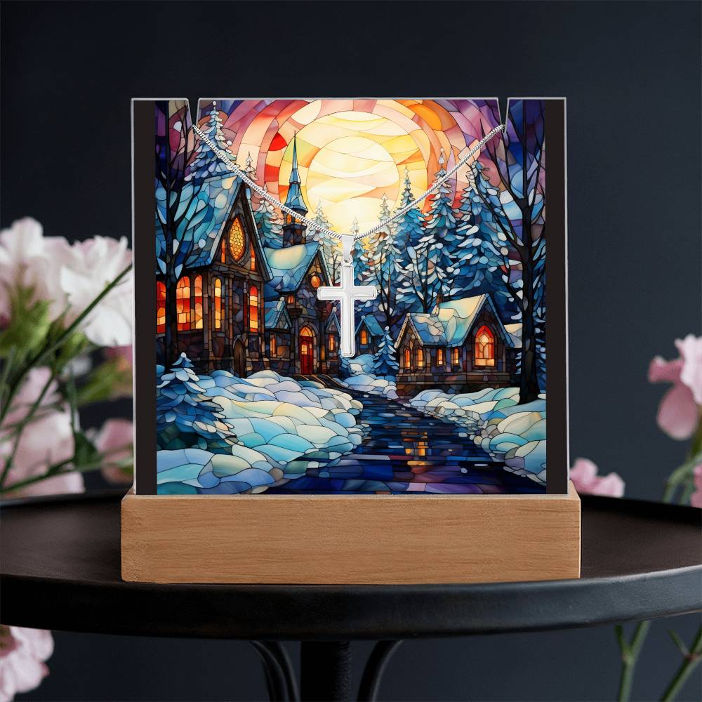 VILLAGE SCENE 2 | 2-for-1 Christmas Plaque with Cross Necklace